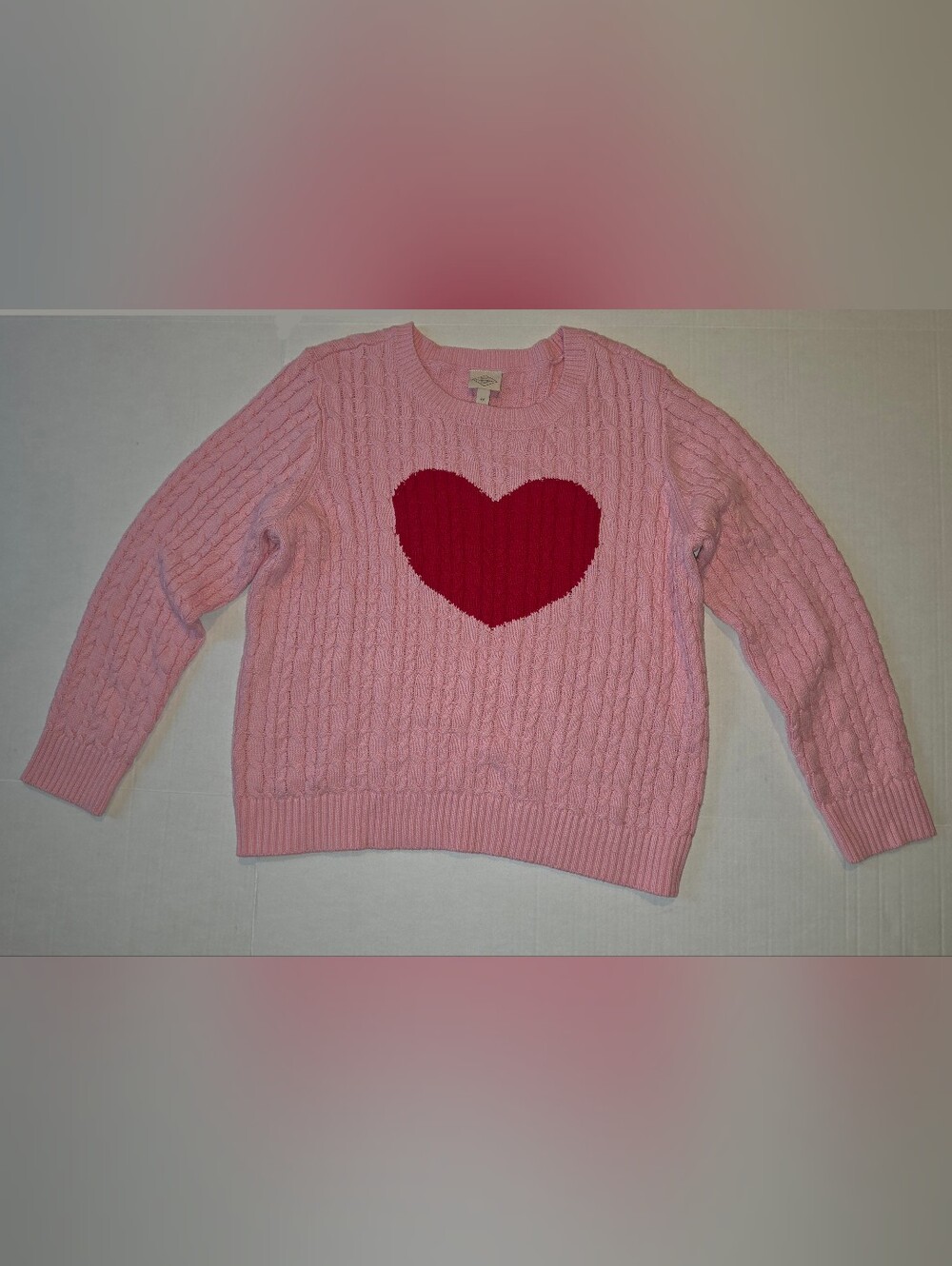 St. John's Bay Women's Pink Cable-Knit Crewneck Sweater w/Red Heart Motif Sz 0X